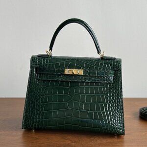 green Croc Emboss  25 Bag w/ gold HW Crossbody Satchel Lock Key